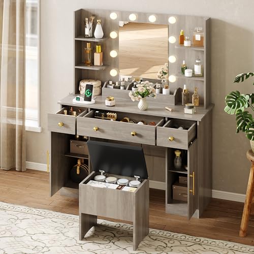 White Vanity Desk with Mirror and Lights, Charging Station and Stool Z6519