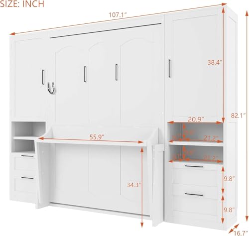 MERITLINE Full Murphy Bed with Desk and Storage, White P49157