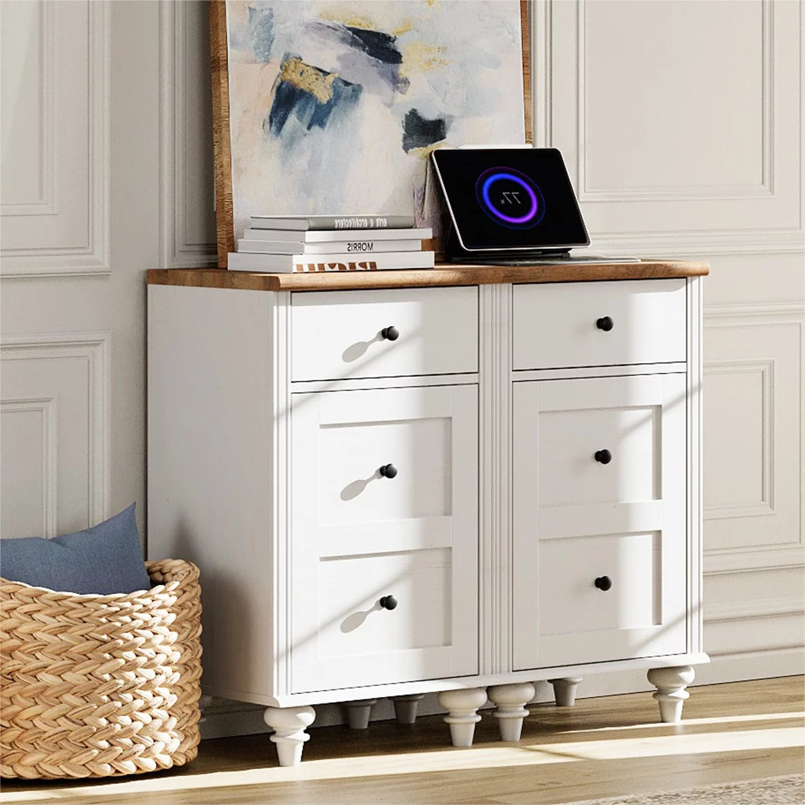 Set of 2 Nightstand with Charging Station, Bedside Table Built-in Outlets, Wood End Table with Drawer and Storage for Living Room, Bedroom,Off-White