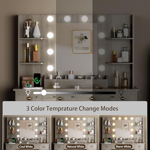 White Vanity Desk with Mirror and Lights, Charging Station and Stool Z6519