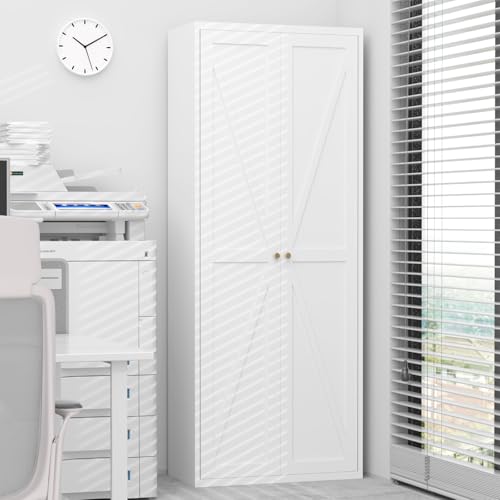 GREATMEET 65" Tall Kitchen Pantry Cabinet, White Metal Farmhouse Cupboard with Adjustable Shelves D202