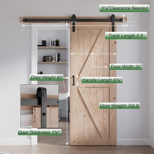 FREDBECK 48in x 80in Sliding Wood Barn Door with 8FT Hardware Kit V8036