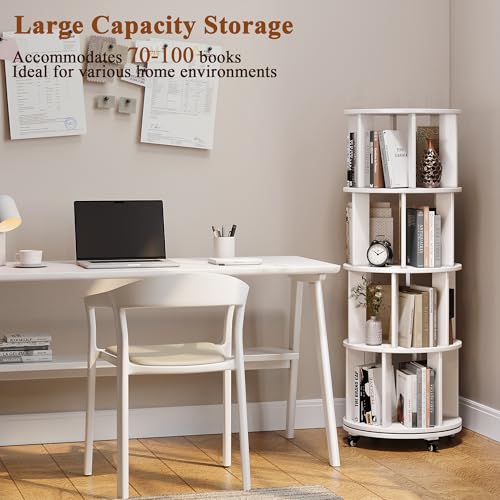 6 Tier Rotating Bookshelf Tower with Swivel Wheels, Solid Wood, Walnut B588