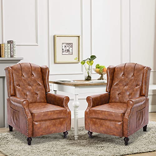 Wingback Recliner Chair with Massage and Heat, Tufted Fabric, Wooden Legs D91574