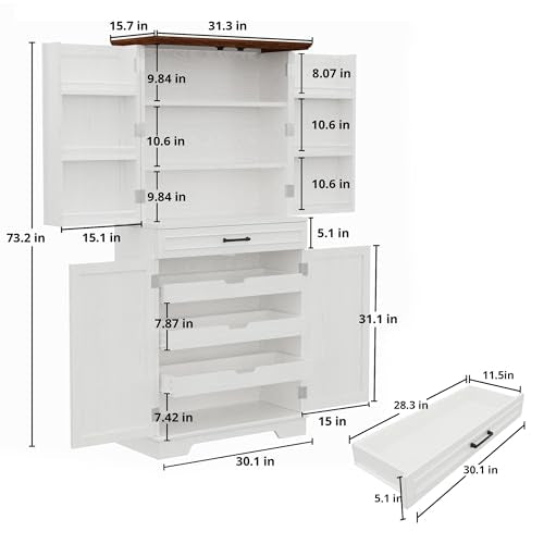 IRONCK Farmhouse Kitchen Pantry Cabinet, 72" Tall Freestanding Cupboard, White J39526