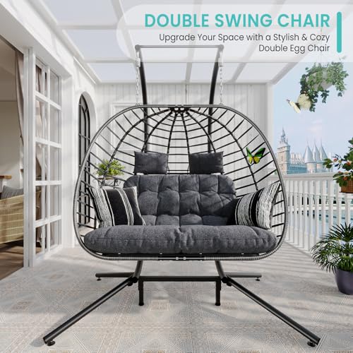 SWITTE Double Egg Swing Chair with Stand, Outdoor Patio Hanging Wicker Hammock with Cushion, Dark Grey X8839