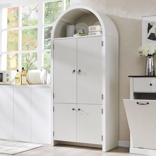 71" Tall Arched Kitchen Pantry, Modern Fluted Wood Storage Cabinet with Doors, 3 Adjustable Shelves, 6 Door Shelves, Organizer, Versatile Cupboard for Kitchen, Bathroom, Natrual