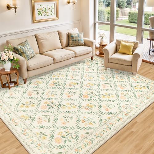 8x10 Floral Washable Area Rug for Living Room, Vintage Soft Non-Slip Carpet Z978379