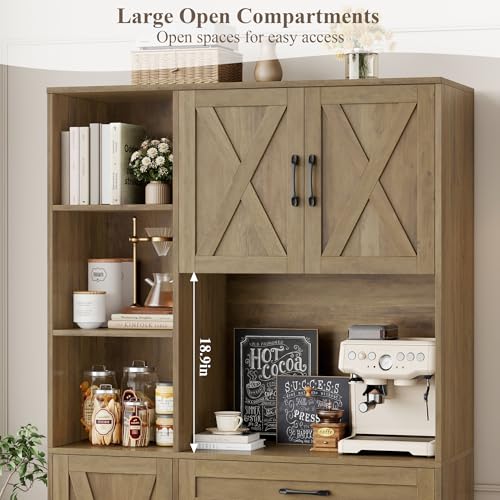 HOSTACK 71" Tall Kitchen Pantry Storage Cabinet with Microwave Stand, Barn Doors, Ash Grey H766476
