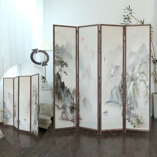 6 Panel Room Divider Screen, Double Faced, Mountain Landscape, 67" H x 94.5" W B114