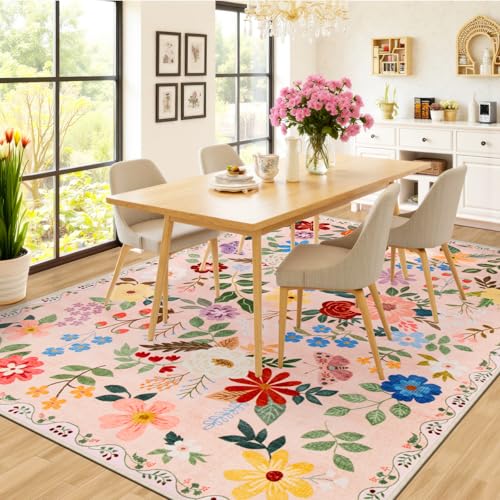 8x10 Floral Washable Area Rug for Living Room, Vintage Soft Non-Slip Carpet Z978379