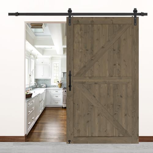S&Z TOPHAND® 20 in x 84 in Elephant Gray British Brace Knotty Barn Door with 4FT Sliding Hardware Kit G149446