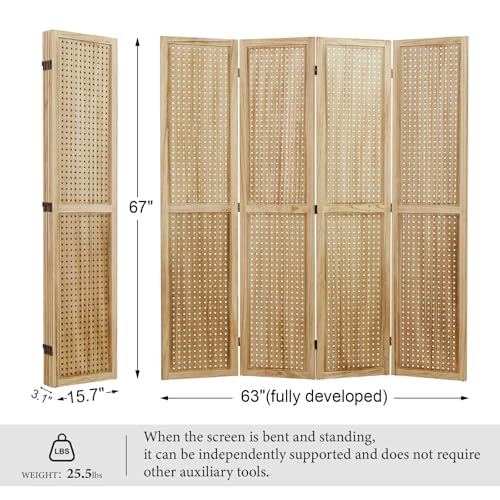 Pegboard Display 5.6Ft Wooden Room Divider Folding Privacy Screen Freestanding Wall Organizer, 4 Panels, Natural C603