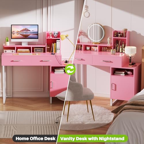 White Vanity Desk with Power Outlet and Storage Y378