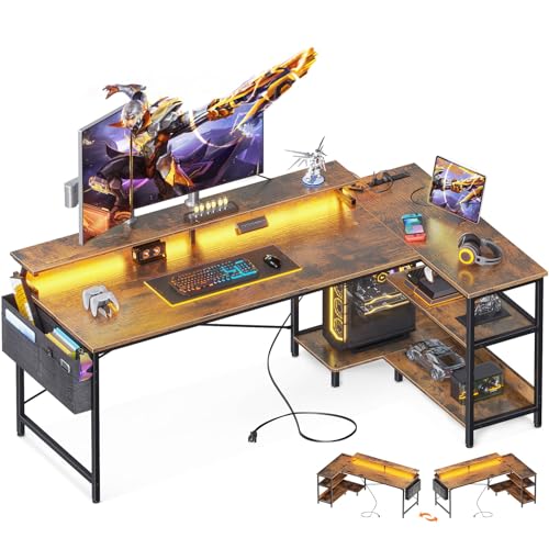 ODK 48 Inch L Shaped Gaming Desk with USB Charging Ports and LED Lights S136