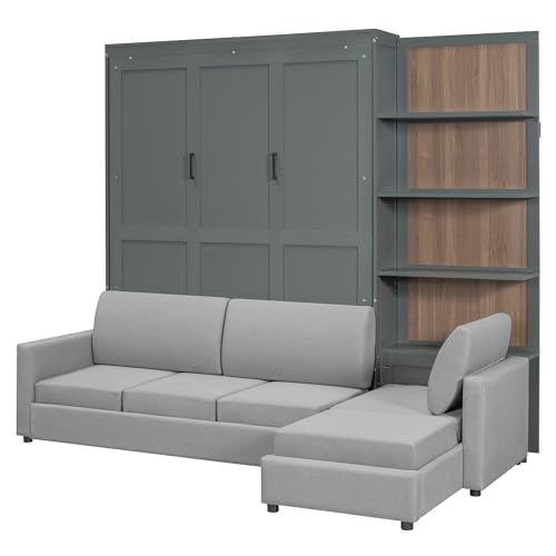 Harper & Bright Designs Queen Murphy Bed with Sofa and Shelves, White P14954