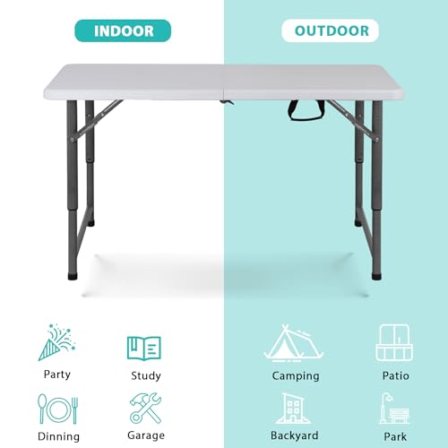 Portable 4 Foot Plastic Folding Table, Indoor Outdoor Heavy Duty with Carrying Handle, White I854764