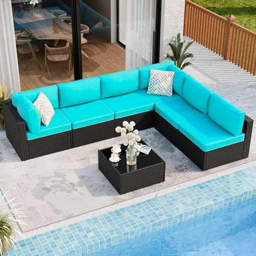 Shintenchi 5-Piece Outdoor Patio Sectional Sofa with Cushions and Glass Coffee Table, Aegean Blue U127322