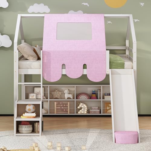 Harper & Bright Designs Kids Twin Low Loft Bed with Slide, Storage Shelves & Stairs, White/Pink C414827