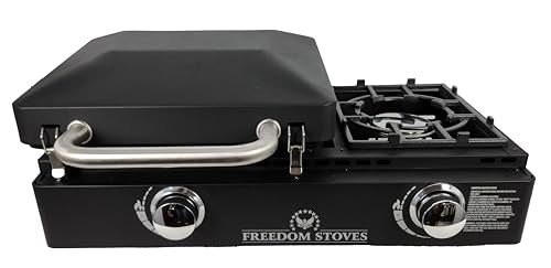 Freedom Stove 22" Easy Clean Non Stick Ceramic Coated Flat Top Propane Gas Griddle With Locking Lid Includes Utensils, Cover, LP 1LB & 20LB Adapters for Outdoor Cooking, Camping (22 Inch w Sideburner)