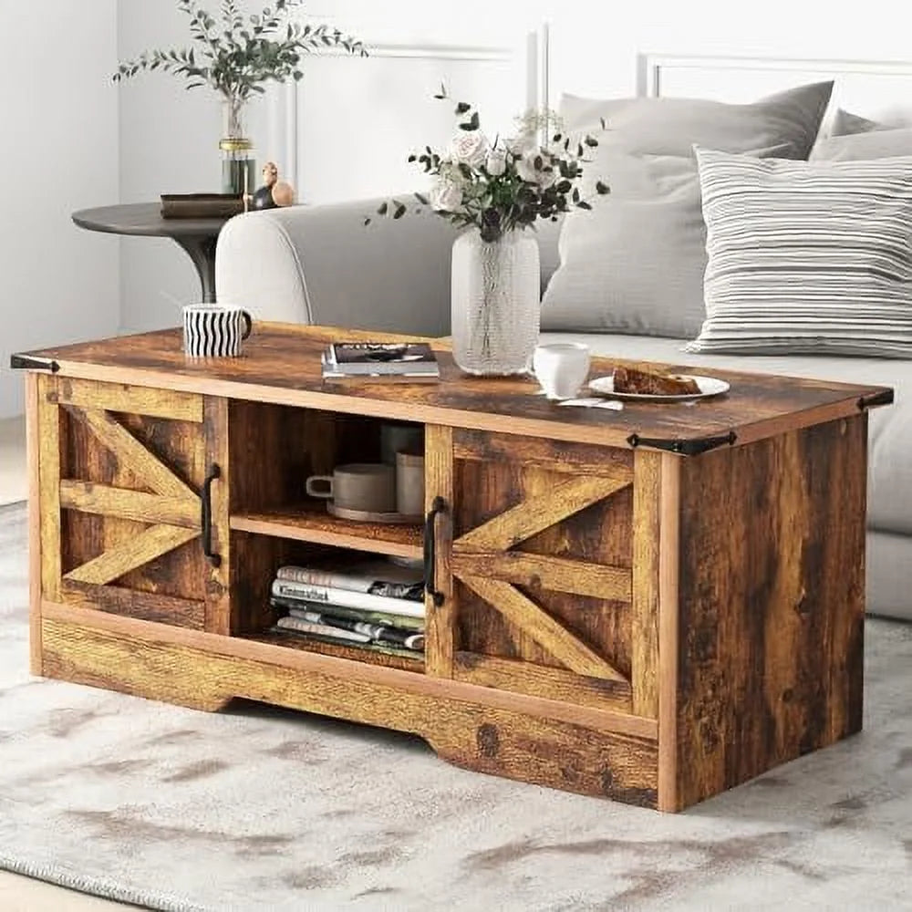 HBBOOMLIFE Coffee Table with Barn Doors  Farmhouse Center Table with   Modern Rustic Style Wooden Living Room Table  White