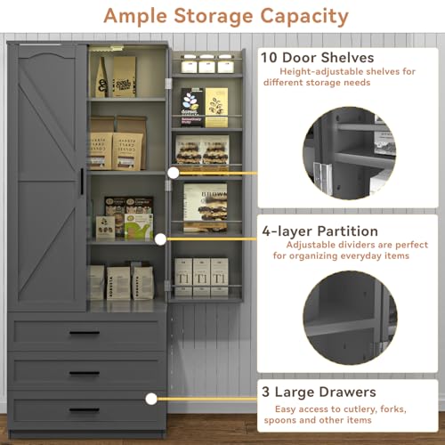 72" LED Kitchen Pantry Cabinet with 3 Drawers and Barn Doors U97073