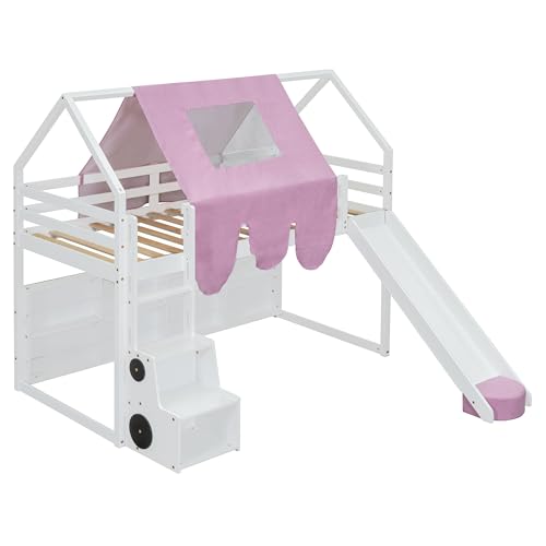 Harper & Bright Designs Kids Twin Low Loft Bed with Slide, Storage Shelves & Stairs, White/Pink C414827