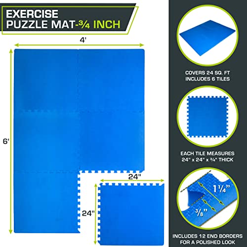 ProsourceFit Extra Thick Puzzle Exercise Mat, EVA Foam Interlocking Tiles, Black, 3/4 inch, 24 Tiles Y76691