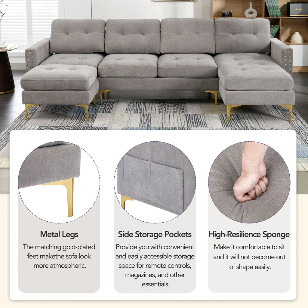 Soges U-Shaped Sectional Sofa with Ottoman, Gray, 110"x54" O53345