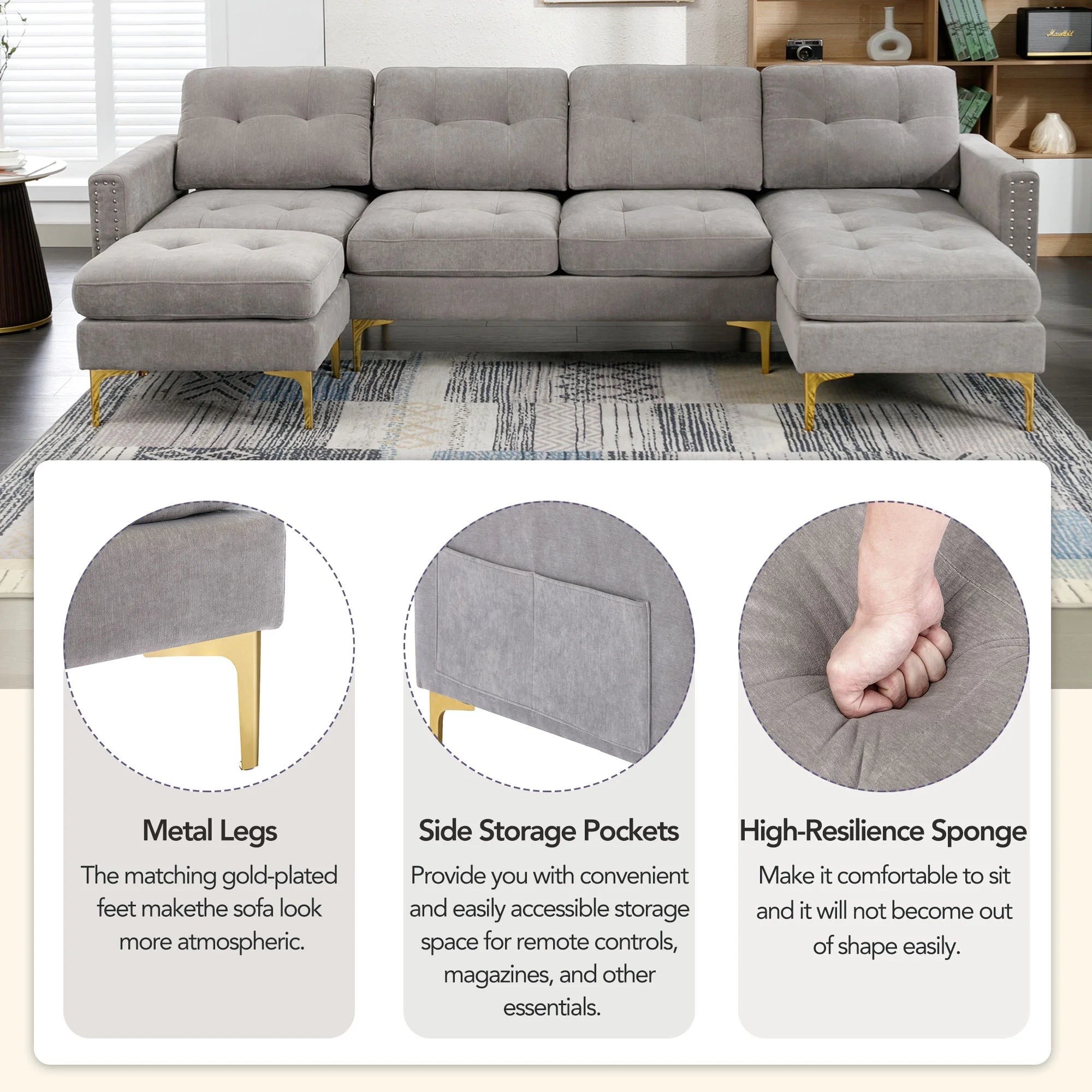 Soges U-Shaped Sectional Sofa with Ottoman, Gray, 110"x54" O53345