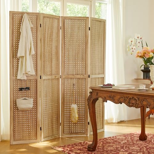 Pegboard Display 5.6Ft Wooden Room Divider Folding Privacy Screen Freestanding Wall Organizer, 4 Panels, Natural C603