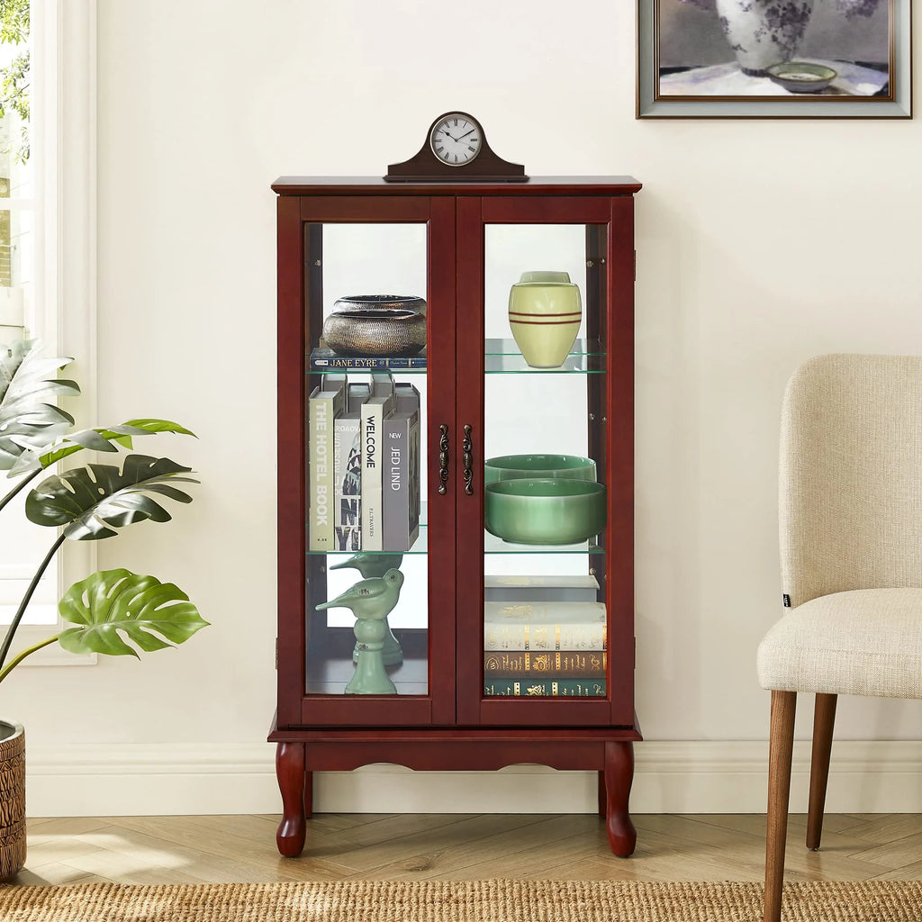 Ufurpie 3 Tier Curio Cabinet with Mirrored Back Panel and Tempered Glass Doors, Cherry M84574