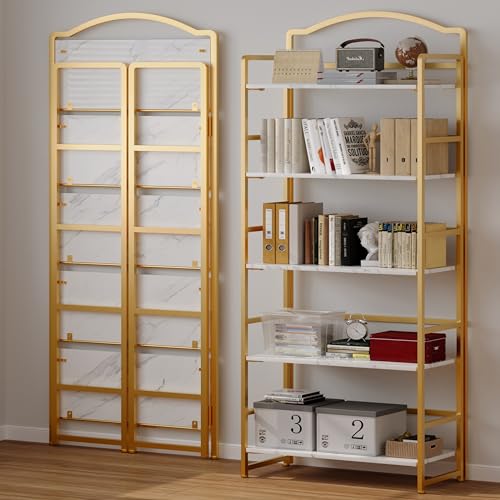 JSB Folding Bookshelf 5 Tier Vintage Wood Bookcase for Living Room Bedroom Office S131658
