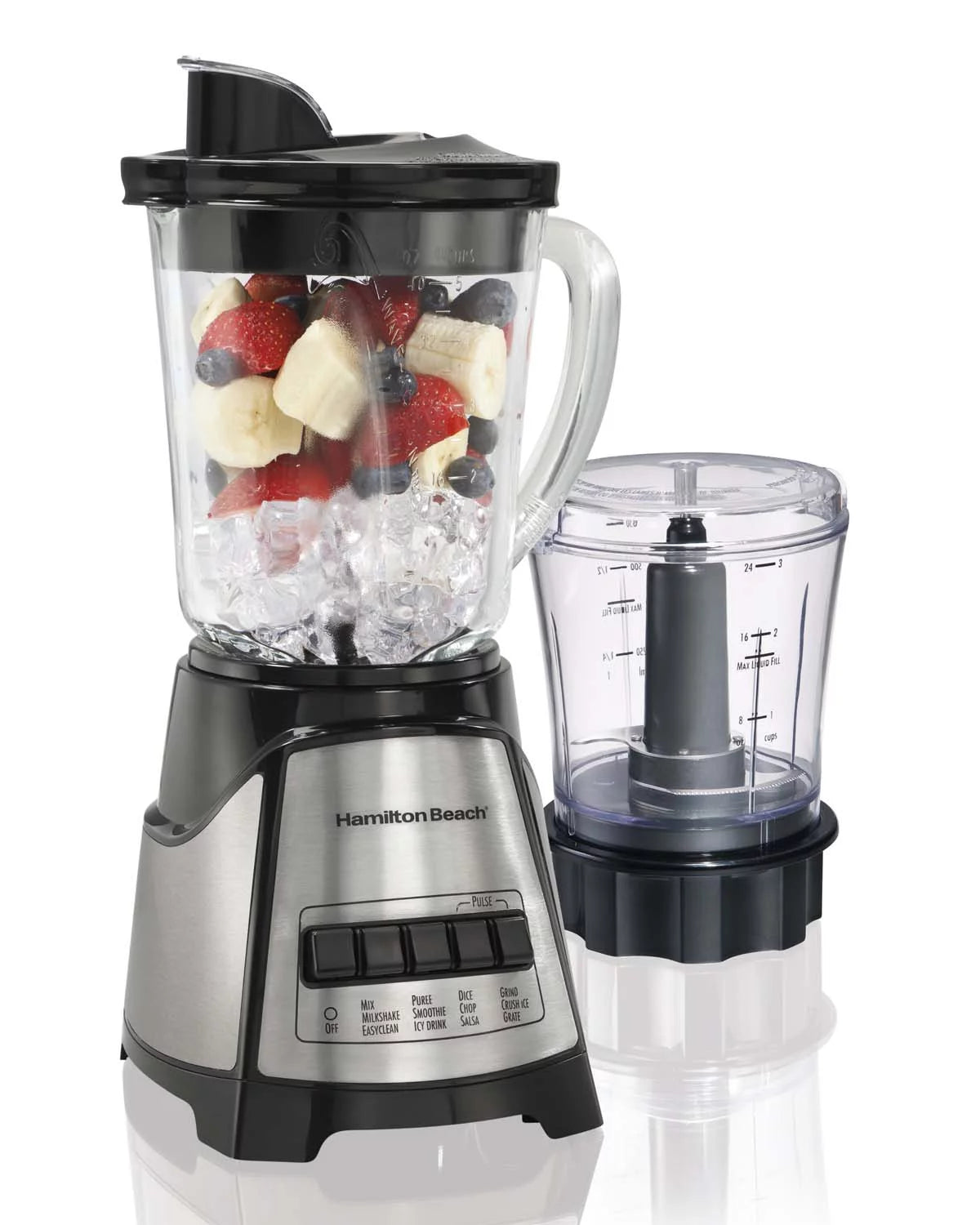 Hamilton Beach Power Elite Multi-Function Blender with 40 oz. Glass Jar and 3-Cup Chopper, 700 Watts, Stainless Steel F681