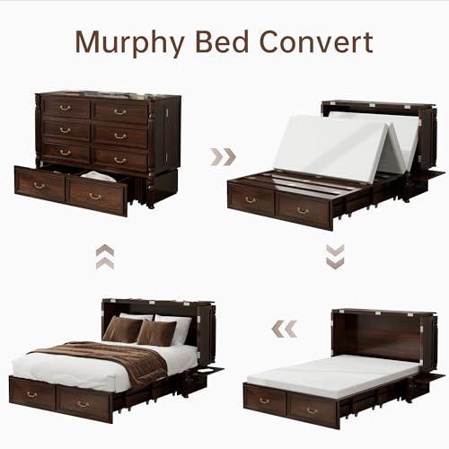 Solid Wood Murphy Bed Cabinet Full with USB Charging Ports and Storage Drawer, Ebony D190415