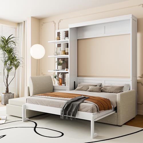 Harper & Bright Designs Queen Murphy Bed with Sofa and Shelves, White P14954