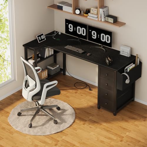 Lufeiya L Shaped Gaming Desk with Drawers & Power Outlet, Black A39519