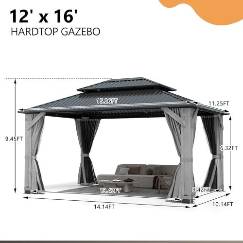 12'x12' Hardtop Gazebo with Galvanized Steel Roof, Aluminum Frame, Curtains & Netting X81832