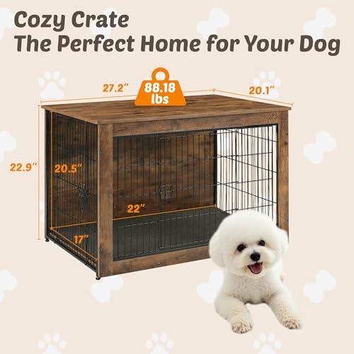 Wooden Dog Crate End Table with Dual Doors, Chew-Proof Design & Cushion, 27 Inch E6718