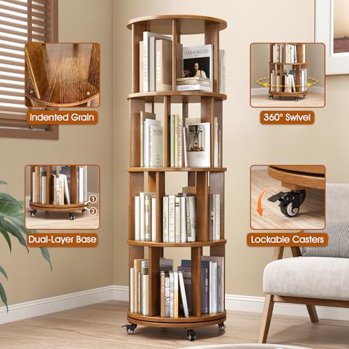 6 Tier Rotating Bookshelf Tower with Swivel Wheels, Solid Wood, Walnut B588