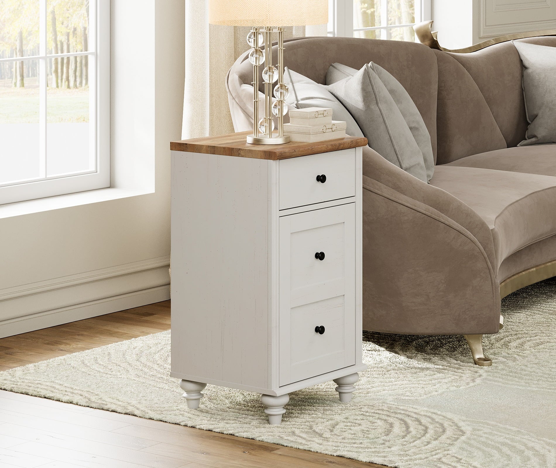 Set of 2 Nightstand with Charging Station, Bedside Table with Outlets, Wood End Table with Drawer, Off-White N19415