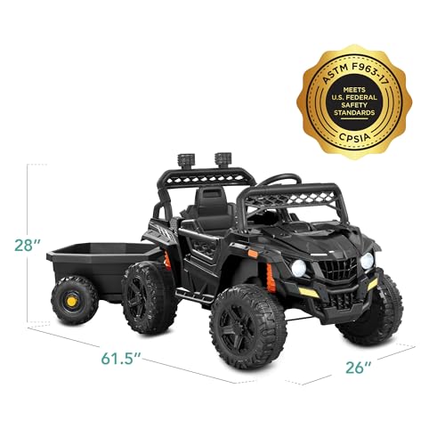 Kids 12V Electric Ride On UTV Car with Trailer, Parent Control, LED Lights, Bluetooth - Black C2735