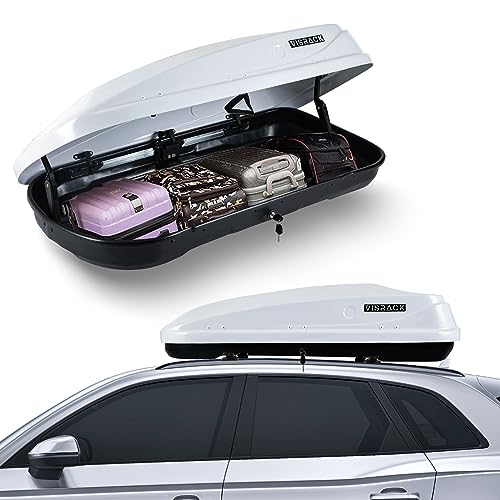 Hard Shell Roof Cargo Carrier, 13 Cubic Feet Storage, Durable ABS and PMMA Material, White Roof Box with Security Keys, Tool-Free Installation, Double-Sided Opening, 56" L x 30" W x 13.7" H