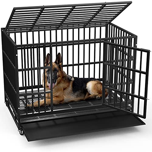 LEMBERI 48/38 inch Heavy Duty Dog Crate with Lockable Wheels, Double Door, Removable Tray Z823935