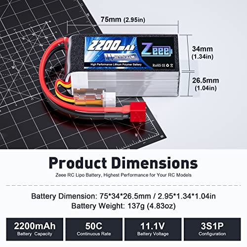 Zeee 3S Lipo Battery 2200mAh 11.1V 50C Shorty Pack with T Connector for RC Models (2 Pack) T18365
