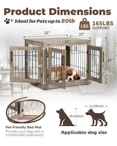 Wooden Dog Crate Furniture with Bed Mat, 32 Inch, 3 Doors, Greige X4054