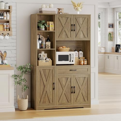 HOSTACK 71" Tall Kitchen Pantry Storage Cabinet with Microwave Stand, Barn Doors, Ash Grey H766476