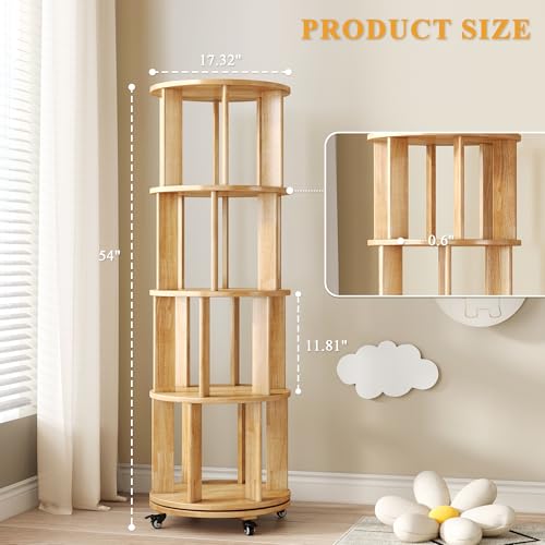6 Tier Rotating Bookshelf Tower with Swivel Wheels, Solid Wood, Walnut B588