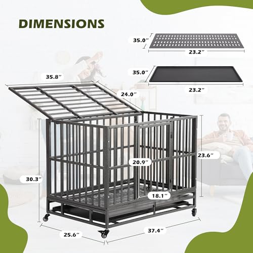 Heavy Duty Folding Dog Crate for Large Dogs, 38 Inch with Lockable Wheels and Double Door W312686