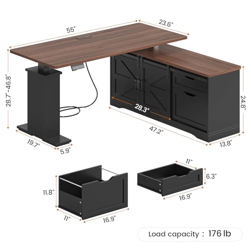 SEDETA Farmhouse L Shaped Standing Desk 55 inch with Drawers, Black E3650
